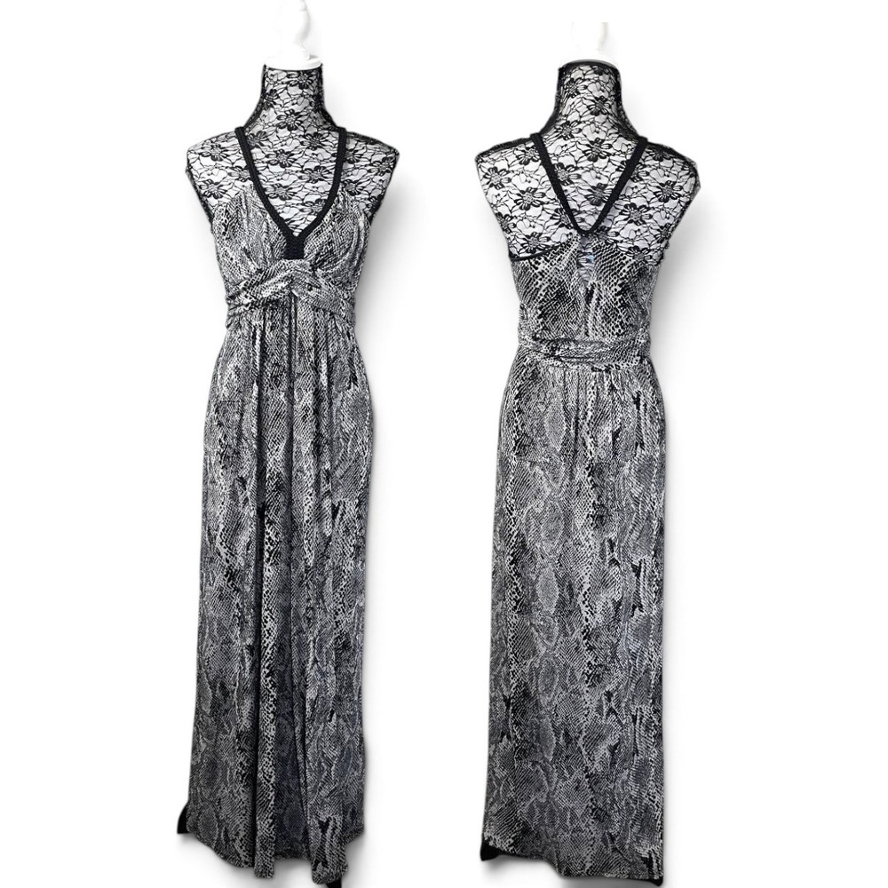 Black Animal Print Maxi Dress Medium V-Neck Strappy Y2K